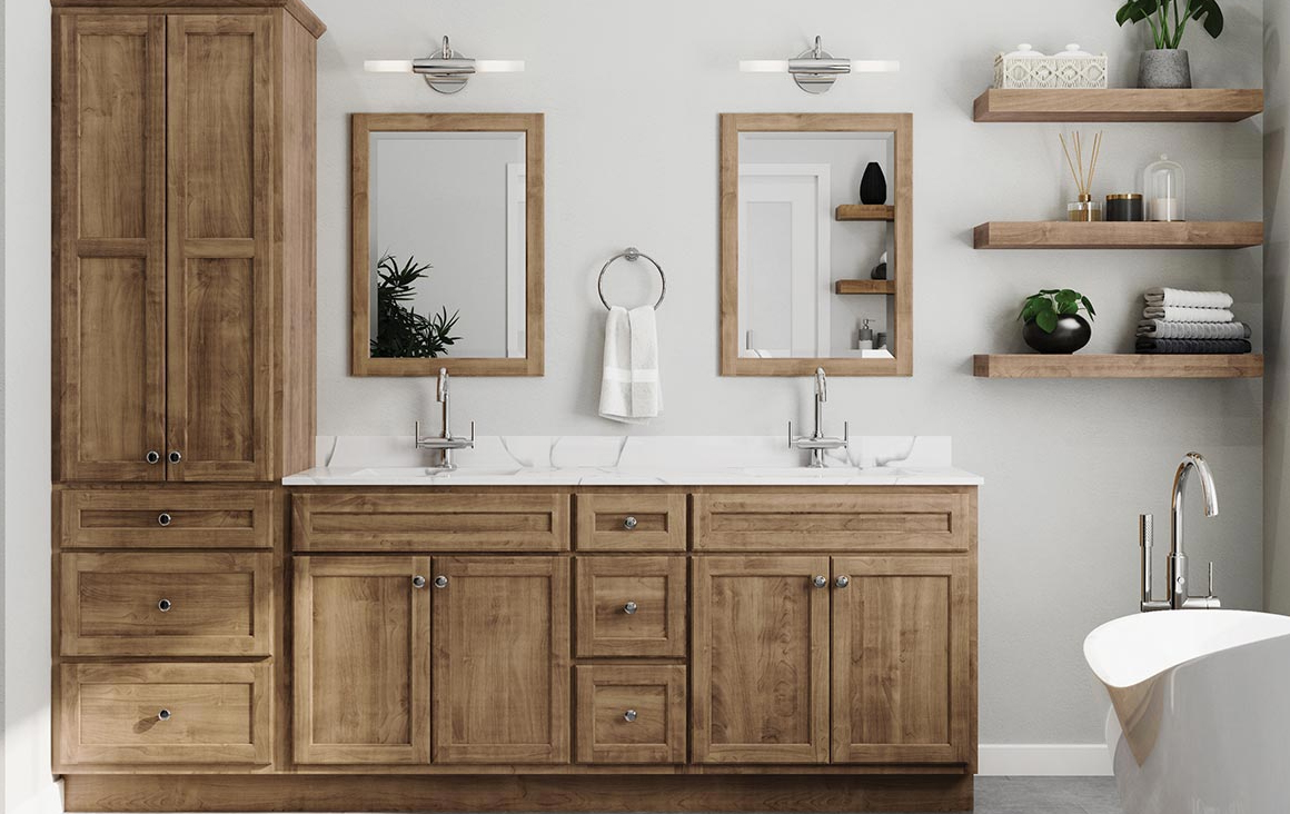 American made bathroom cabinets and vanity from Bertch with a light brown stain.