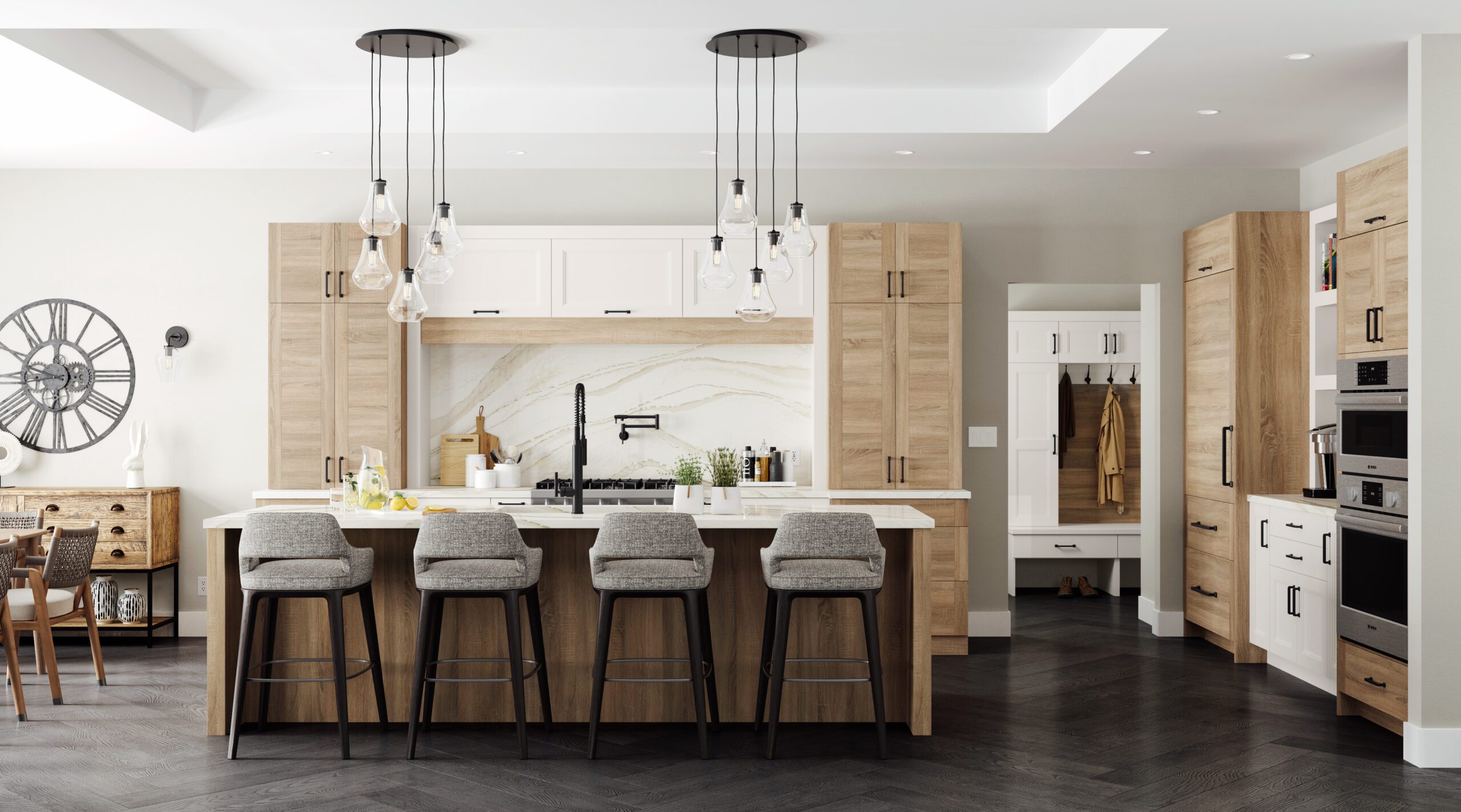 A scandi style kitchen with American made cabinets from Dura Supreme Cabinetry.