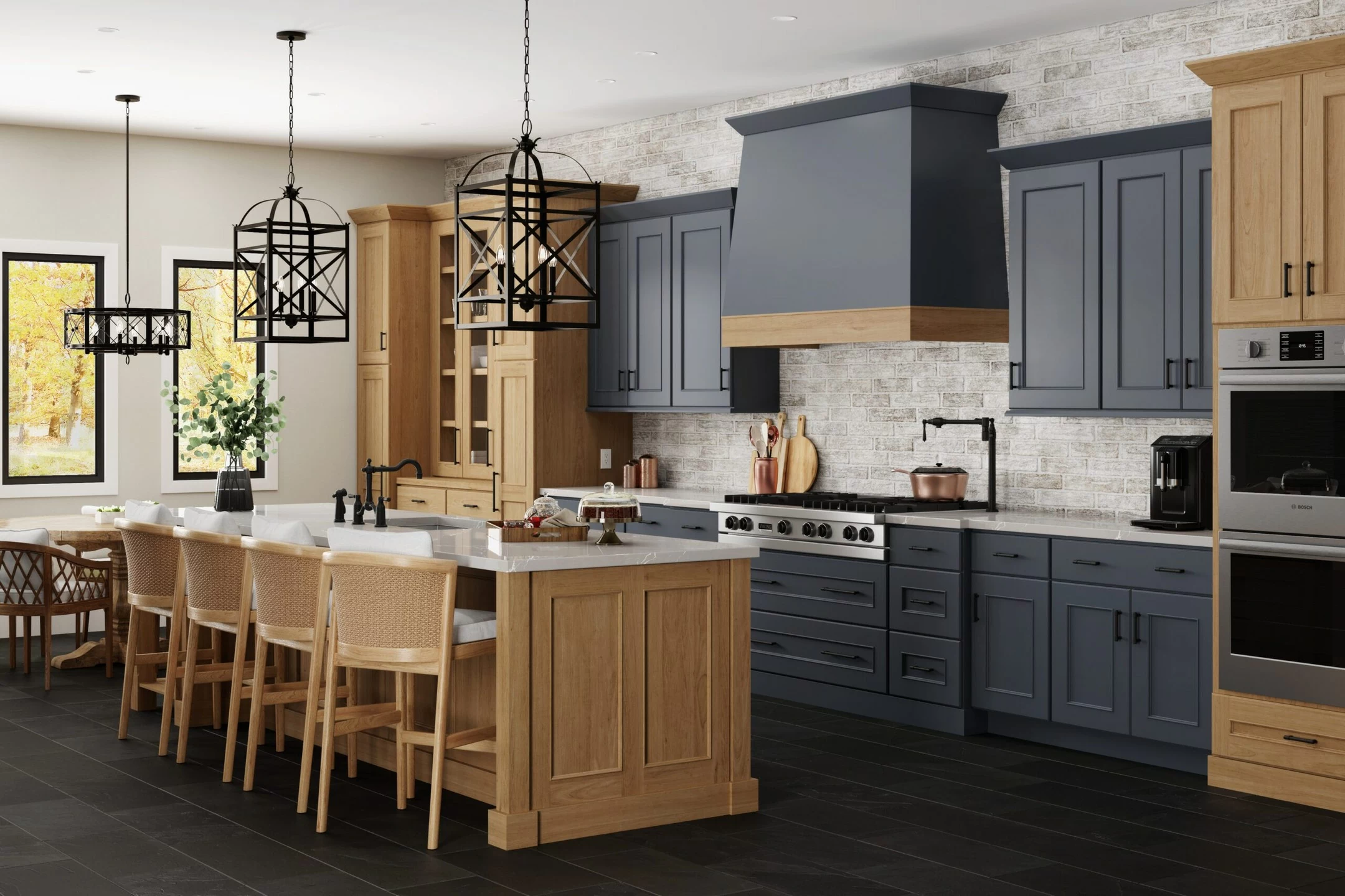 An English style kitchen with a modern look featuring dark blue painted cabinets with light stained cherry wood accents.