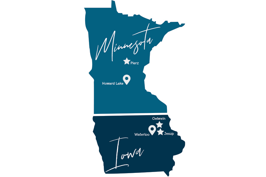 A map of Minnesota and Iowa showing the manufacturing and office locations for Supreme Cabinetry Brands.